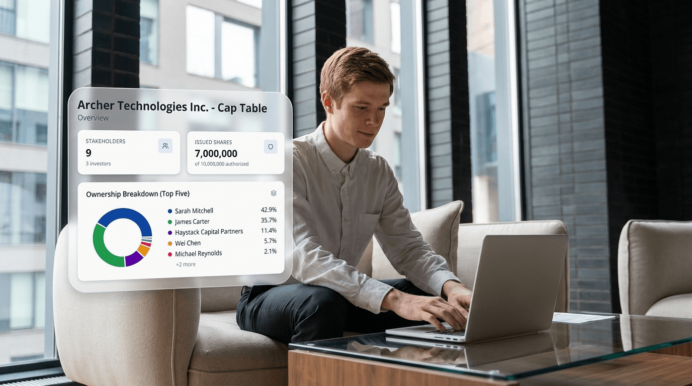 Tableicity Cap Table Dashboard — normal view showing stakeholder equity distribution, share classes, and ownership breakdown in a privacy-first capitalization table.